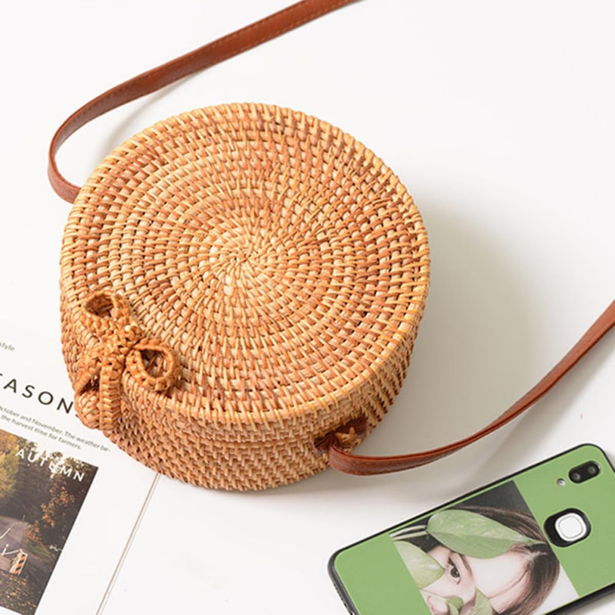 PRETYZOOM Cotton Shoulder Bag Inner Bag round Rattan Handmade image 3