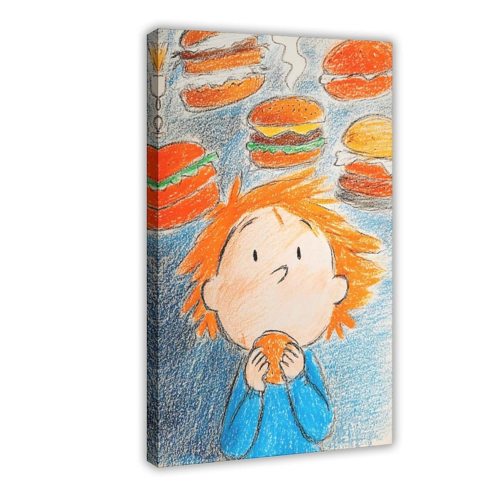 Ywtjax Frame-Style Cartoon Child Holding Hamburger Poster Canvas Poster For Home Decor Gift