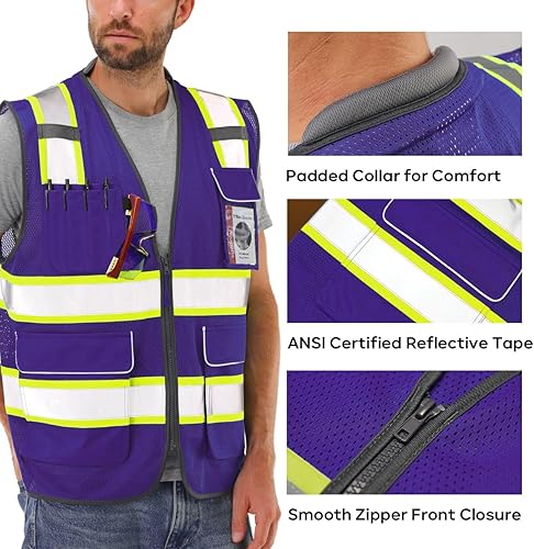 Miniatura 9 de Neopelta Chaleco de seguridad reflectante de malla amarilla, chaleco de alta visibilidad con bolsillos y cremallera, cuello acolchado, chaleco de