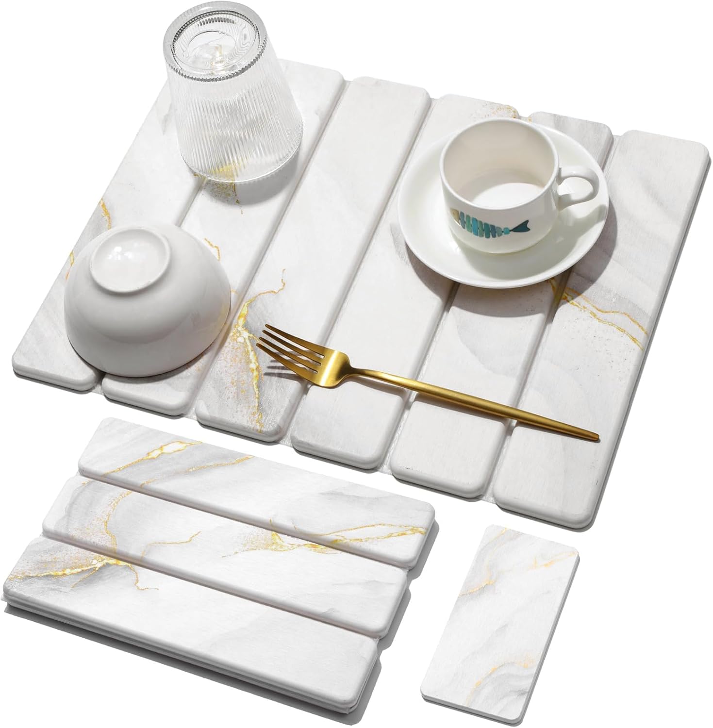 Small Stone Dish Drying Mat for Kitchen Counter, 15.7"×12" & 8"x4" Quick Dry Stone Mats, Foldable Water Absorbing Diatomaceous Earth Drying Dish Pad for Countertop Bottles Utensils Cup(Gold White)