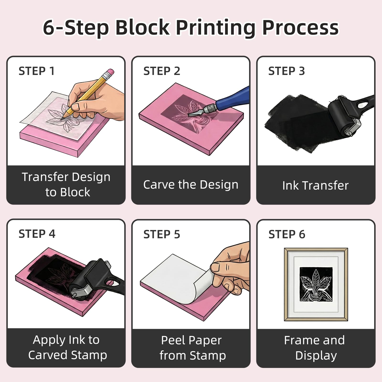 Falling in Art Linocut Kit para impresión, kit de impresión de tallado de sellos de goma con bloques de linóleo y trenzador, suministros de impresión de bloques para principiantes y artistas