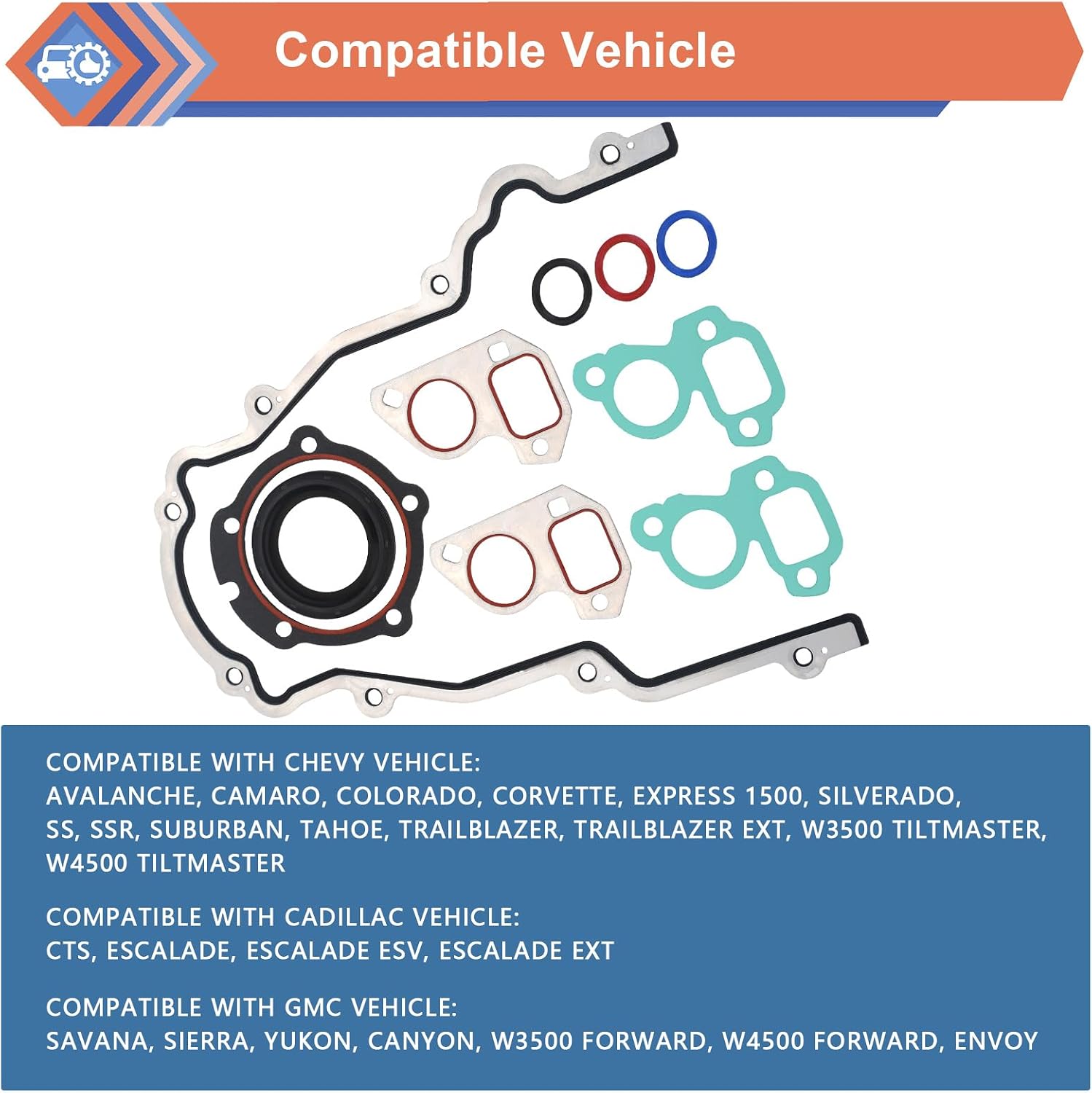 Engine Timing Cover Gasket Set, Compatible with Chevy GMC Cadillac Vehicle 4.8L 5.3L 5.7L 6.0L 6.2L Silverado Suburban Tahoe Sierra Yukon Savana Escalade, Replace #12633904 TCS45993
