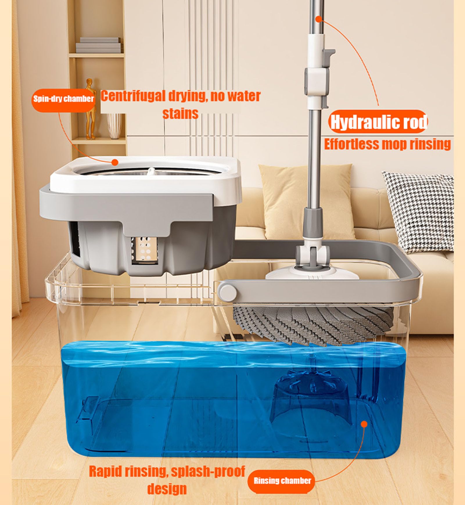 Juego mejorado de fregona y cubo giratorios, escurridor con manos libres | Trapeador de microfibra absorbente para pisos laminados de madera dura y baldosas, sistema de secado fácil