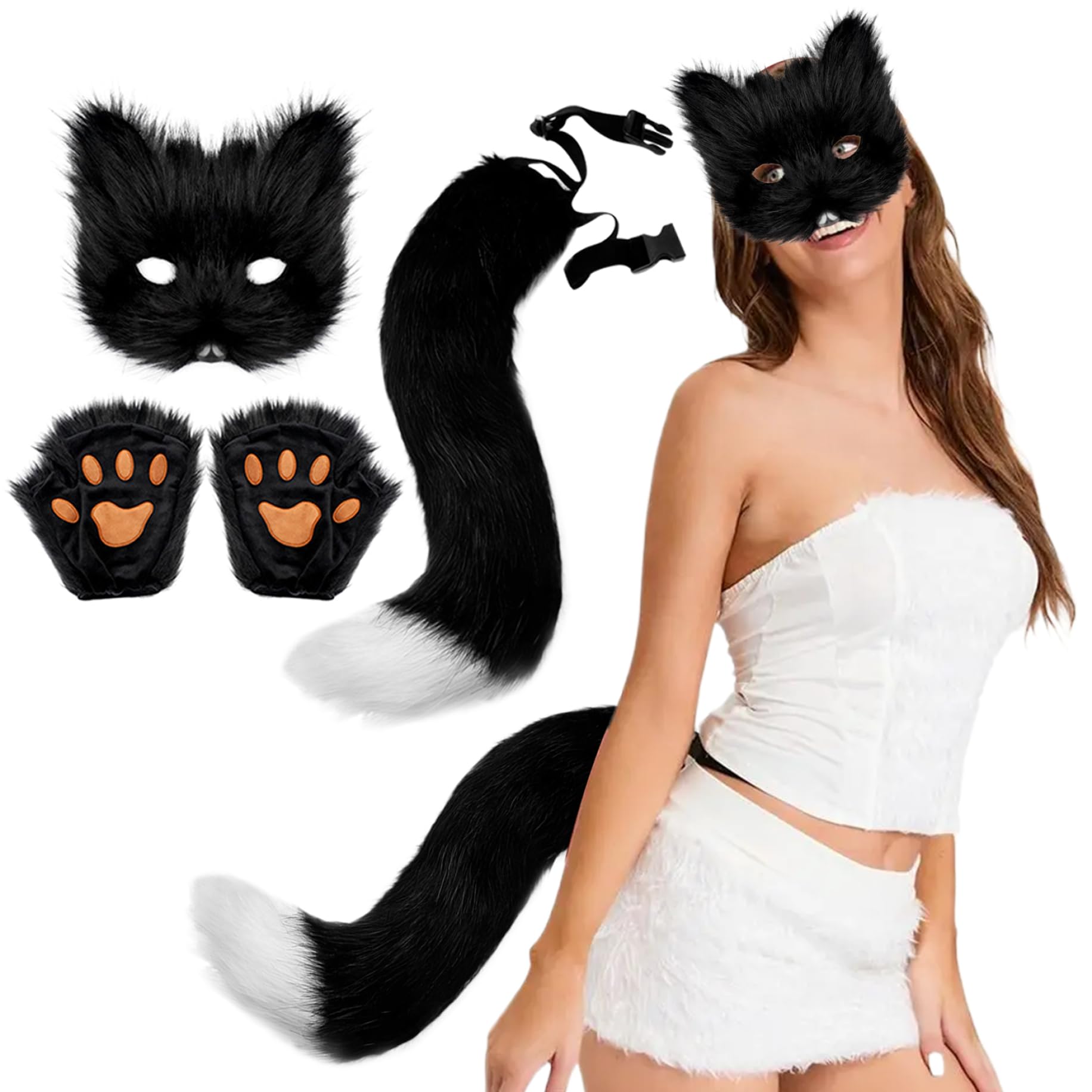 Queue De Chat En Fourrure Moelleuse - Accessoire Déguisement Carnaval Cosplay | Longueur 80cm Réglable