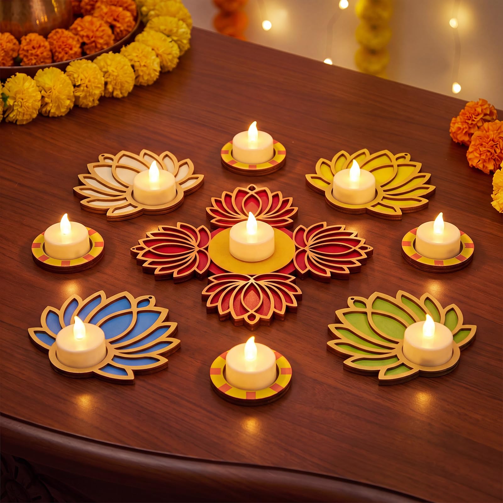 Bucherry 9 Pcs Diwali Lotus Flameless Candle Holders Wooden Diwali Decorations for Home Pooja Diya Traditional Indian Tea Light Holder Decor for Puja Home Outdoor Party Gift 9 Lotus