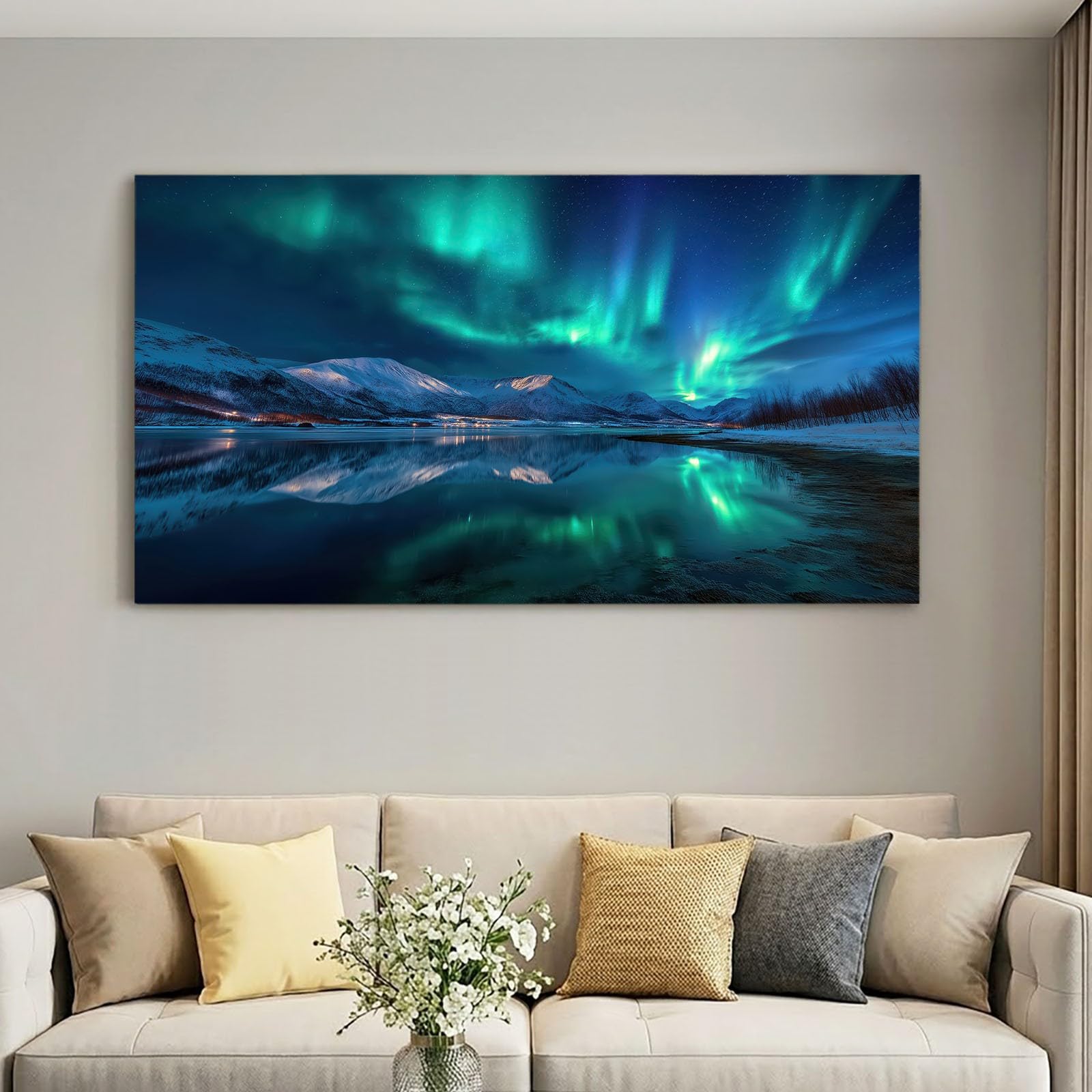 Płótno Natura Krajobraz ścienny 140 x 70 cm Niebieski Zorza polarna Śnieżek Jezioro - Obraz na płótnie na drewnianej ramie i dekoracja do salonu i sypialni