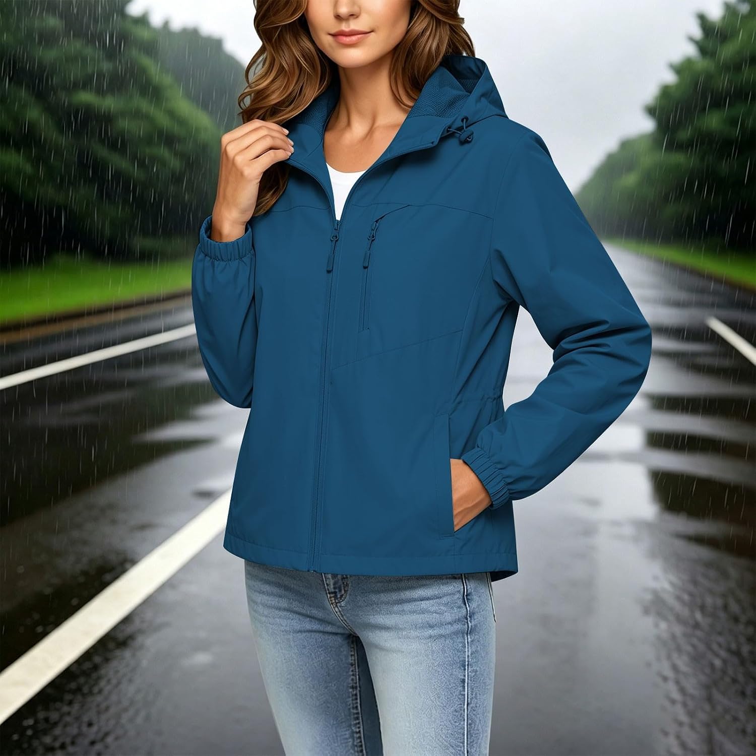 Rain Jacket for Women Waterproof Hooded Windbreaker Zip Up Coat | Women's Lightweight Softshell Jacket with Chest Zip Pocket, Drawstring Hem, Elastic Cuffs for Hiking Travel Fall
