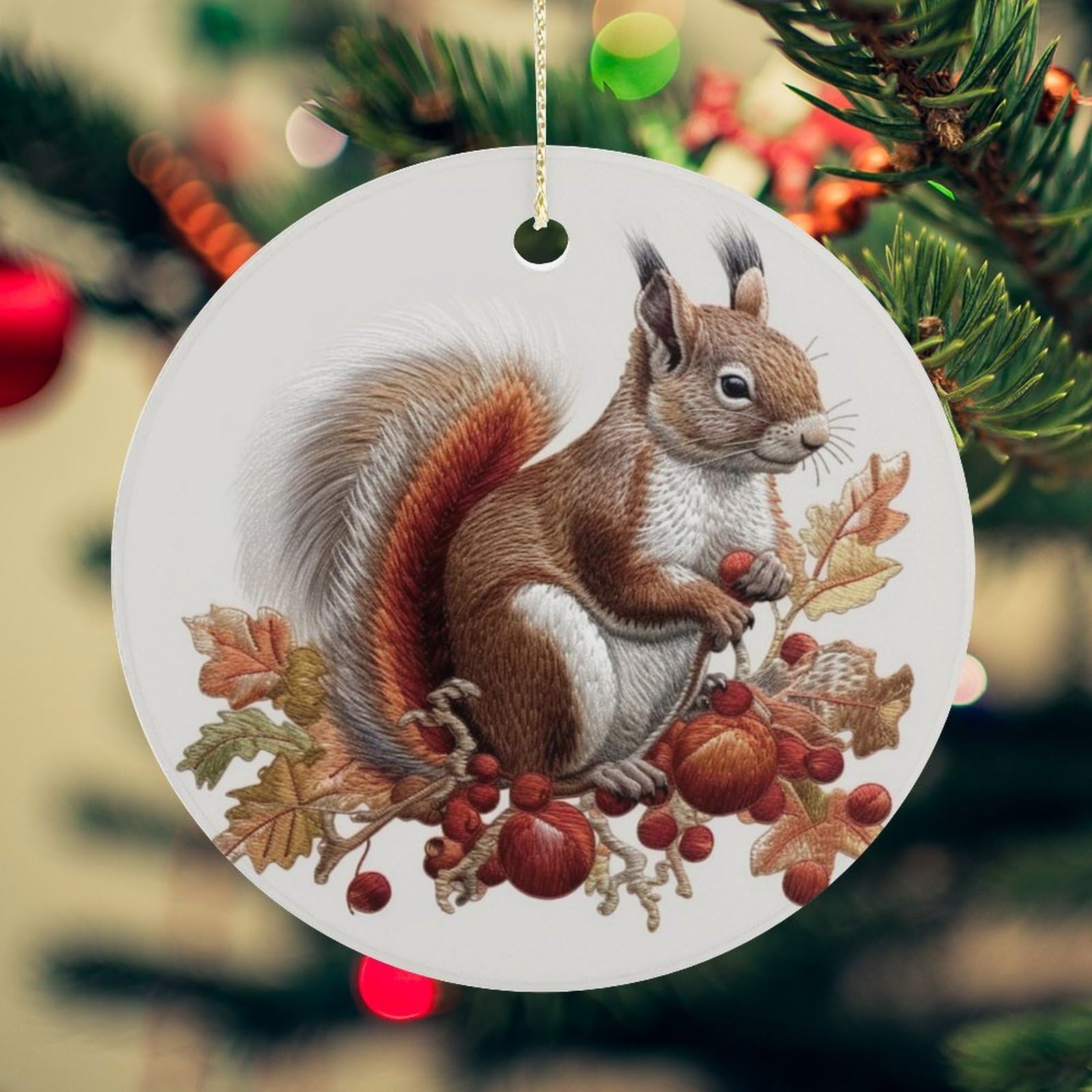 Leaves and Squirrel Christmas Ornament for Christmas Tree Ceramic Round Ornament Winter Holiday Keepsake Gift 2.7" Christmas Tree Hanging Decorations Circle Ceramic Pendant Xmas Gift
