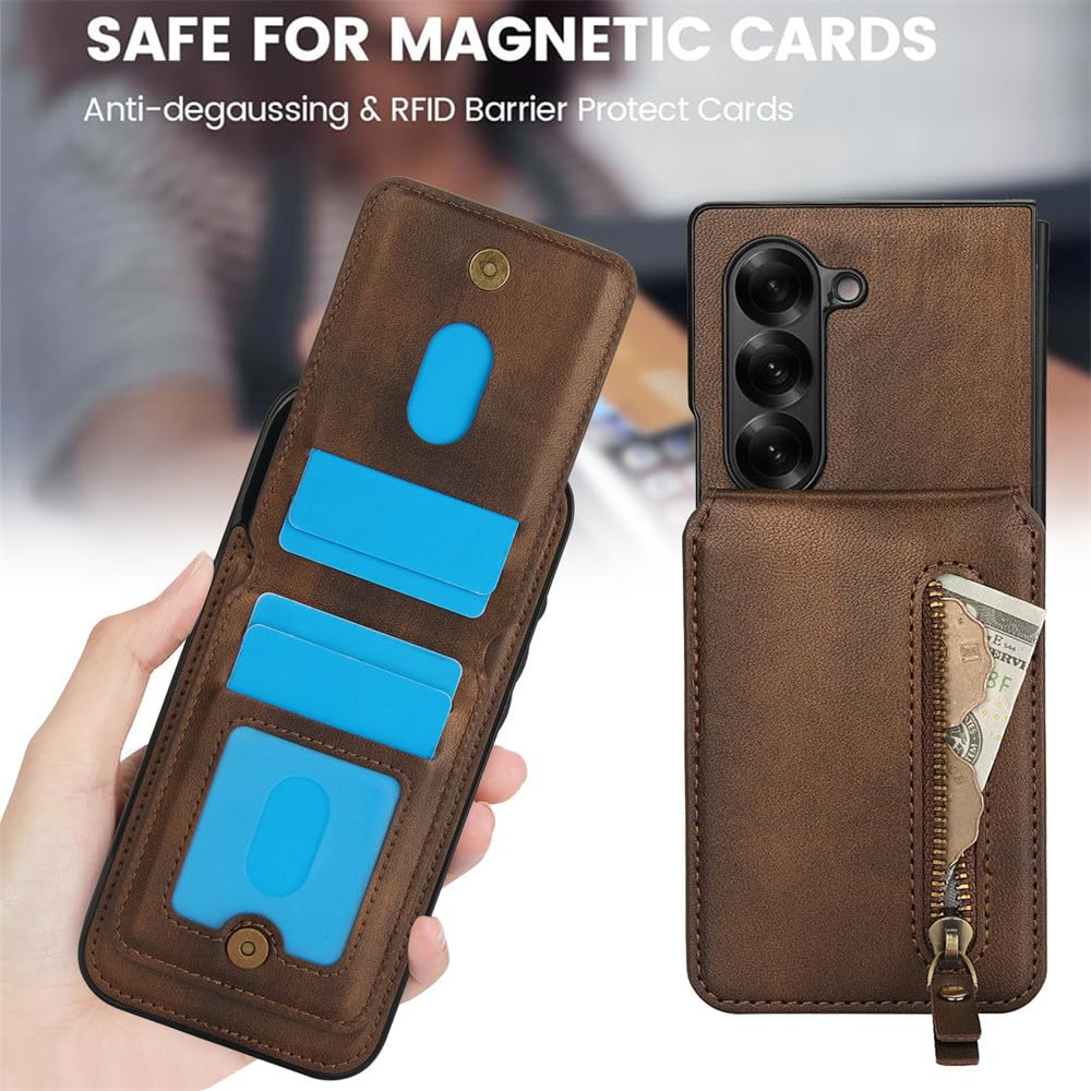 Funda magnética Desmontable con Tarjetero para Samsung Galaxy Z Fold 6, 5, 4 y 3, de Cuero con Cremallera, Morada, para Samsung Z Fold 6