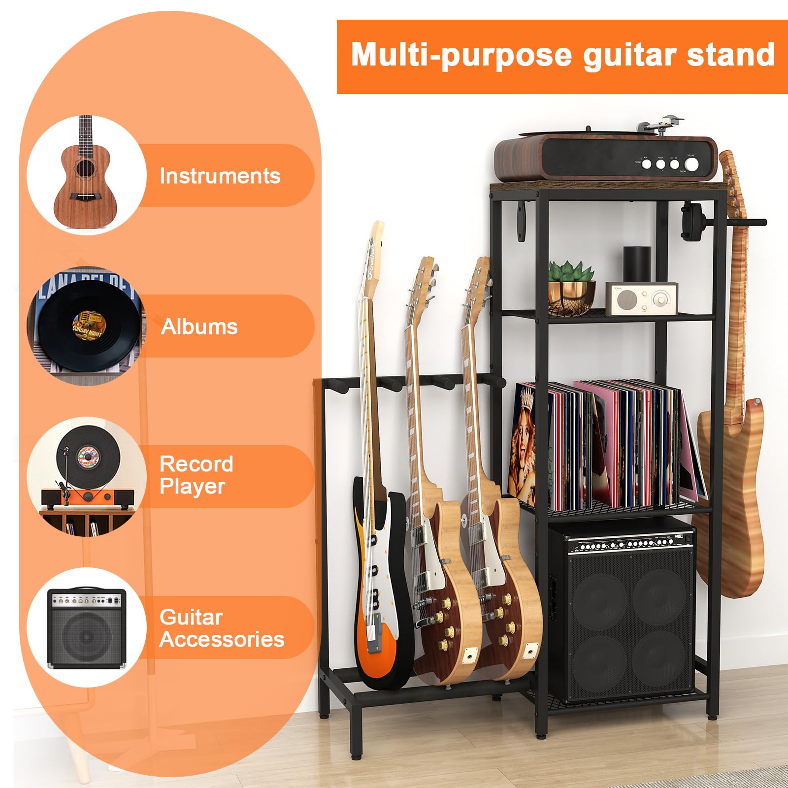 Multi Gitarrenständer Rack, Gitarrenständer mit 4 Halterungspositionen für Akustik-, E-Gitarre, Bass, Gitarrenständer für mehrere Gitarren mit 4 Ebenen Aufbewahrungsregalen für