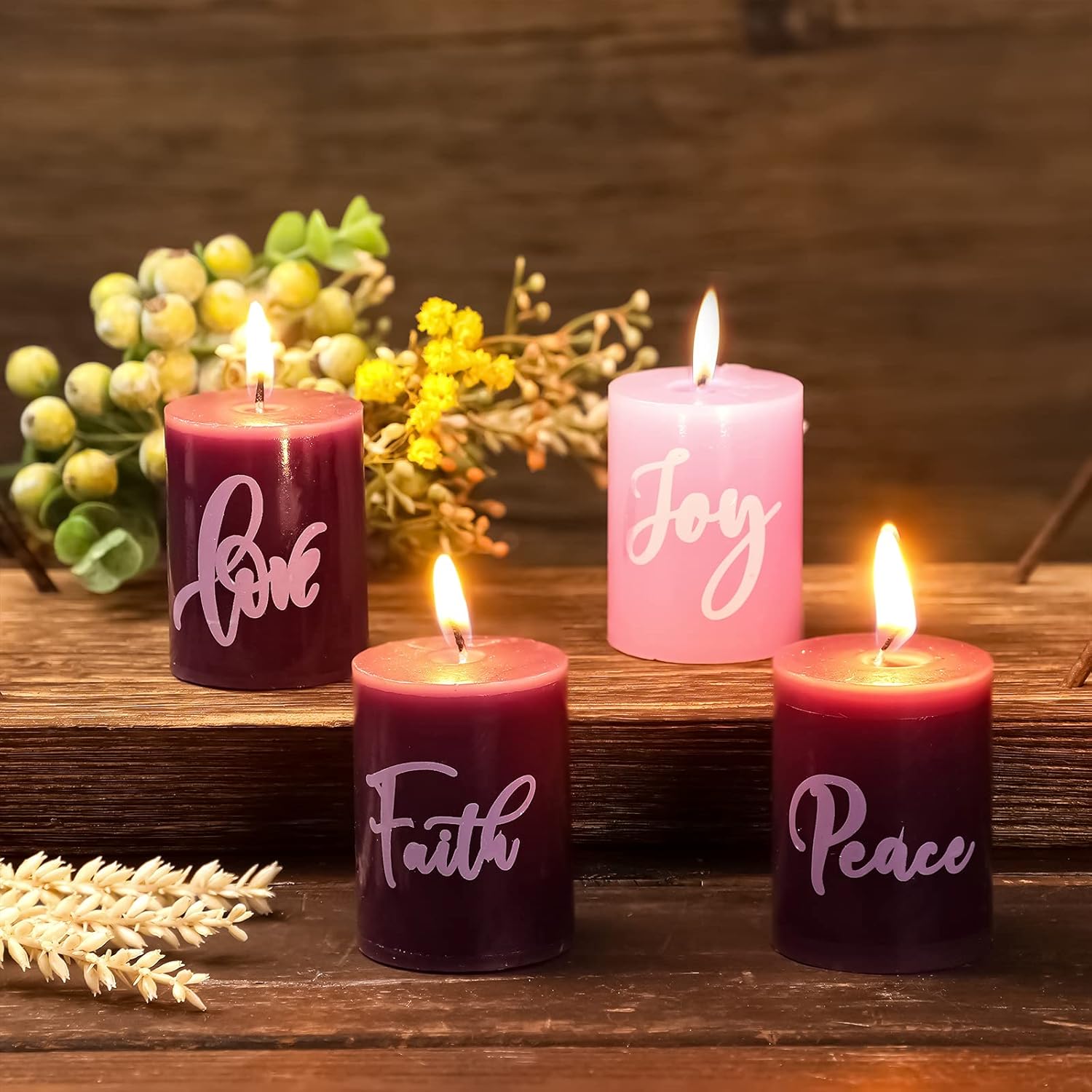 Nuanchu 4 Pieces Advent Candle Set with Words Hope Peace Joy Love Hand Poured Pink and Purple Candle Candle Christmas Advent Seasonal Celebration Candles for Christmas Home Wedding Decor : Home & Kitchen
