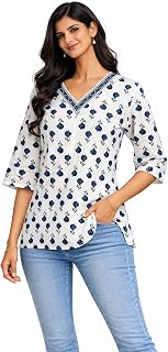 Nirantara Ethnic Women's Cotton Multicolor Print Kurti Top |3/4 Sleeves| V-Neck|Relax Fit |Hip Length Top/Kurti for Casual... Price In India