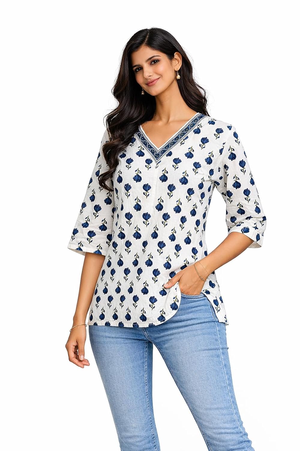 Nirantara Ethnic Women's Cotton Multicolor Print Kurti Top |3/4 Sleeves| V-Neck|Relax Fit |Hip Length Top/Kurti for Casual... - Review, Price and Buying Guide