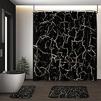 Vista 10 de Juego de cortina de ducha de mármol con tapa de inodoro y alfombras antideslizantes, 4 piezas de cortina de ducha hexagonal de oro negro con 12