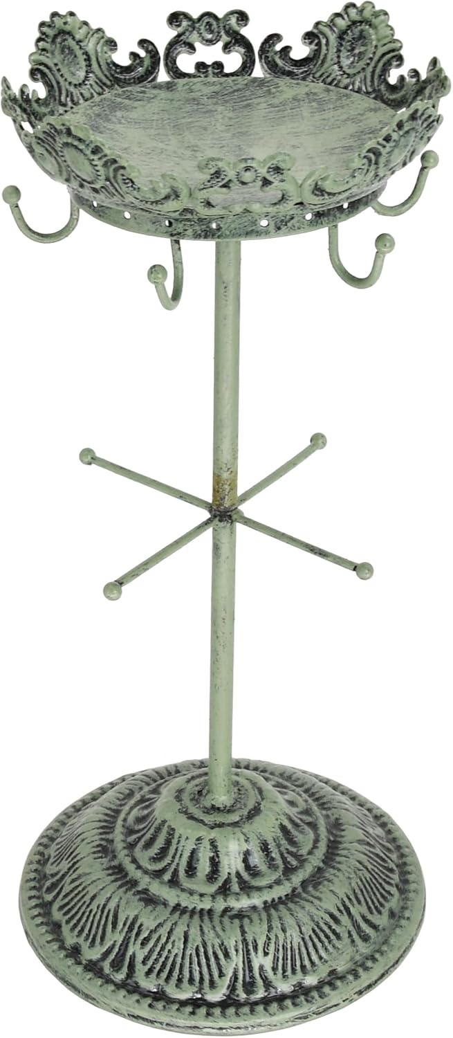 Owlgift Antique Rustic Green Jewelry Organizer Tree - 13.1" Metal Jewelry Tower with Crown Tray, 6 Hanging Hooks & 12 Earring Holes, Bracelet Display Stand for Watches, Bangles, Necklaces & Rings