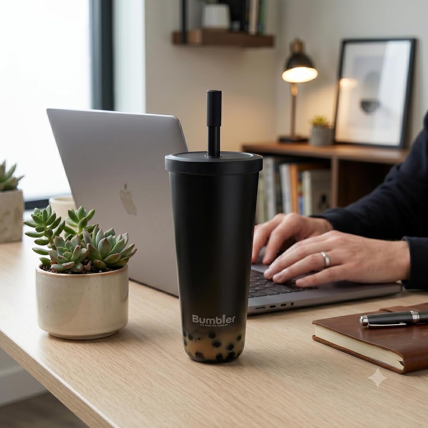 Bumbler Original Boba Tea Cup - 24oz Double-Walled Plastic Reusable Tumbler with Extra Wide Straw & Leak-Proof Lid - BPA-Free Smoothie & Iced Coffee Travel Mug - Dark Angel image 5