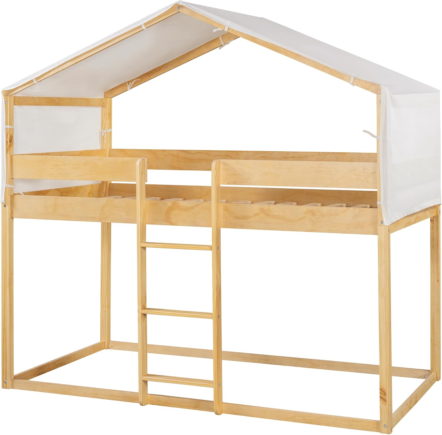 THINK 30 Twin Over Twin Kids Bunk Bed without the soft top tent, showing the natural wood frame and ladder.