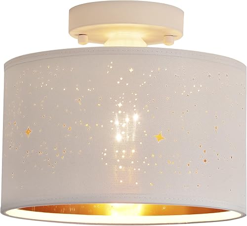 AMZASA Lámpara de techo semiempotrada de mediados de siglo, pantalla de tela de tambor blanca moderna con efecto de estrella brillante, mini