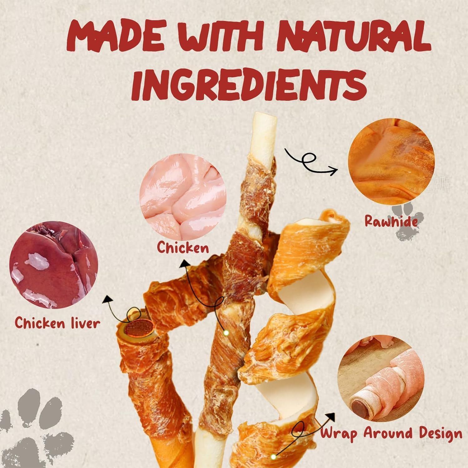 Chicken Wrapped Rawhide Dog Treats - Smoked Cowhide Chew Rolls with Chicken Liver & Beef Filling, High Protein Dog Chews for Teeth Cleaning, 12.5cm 6PCS/230g for Small to Large Dogs