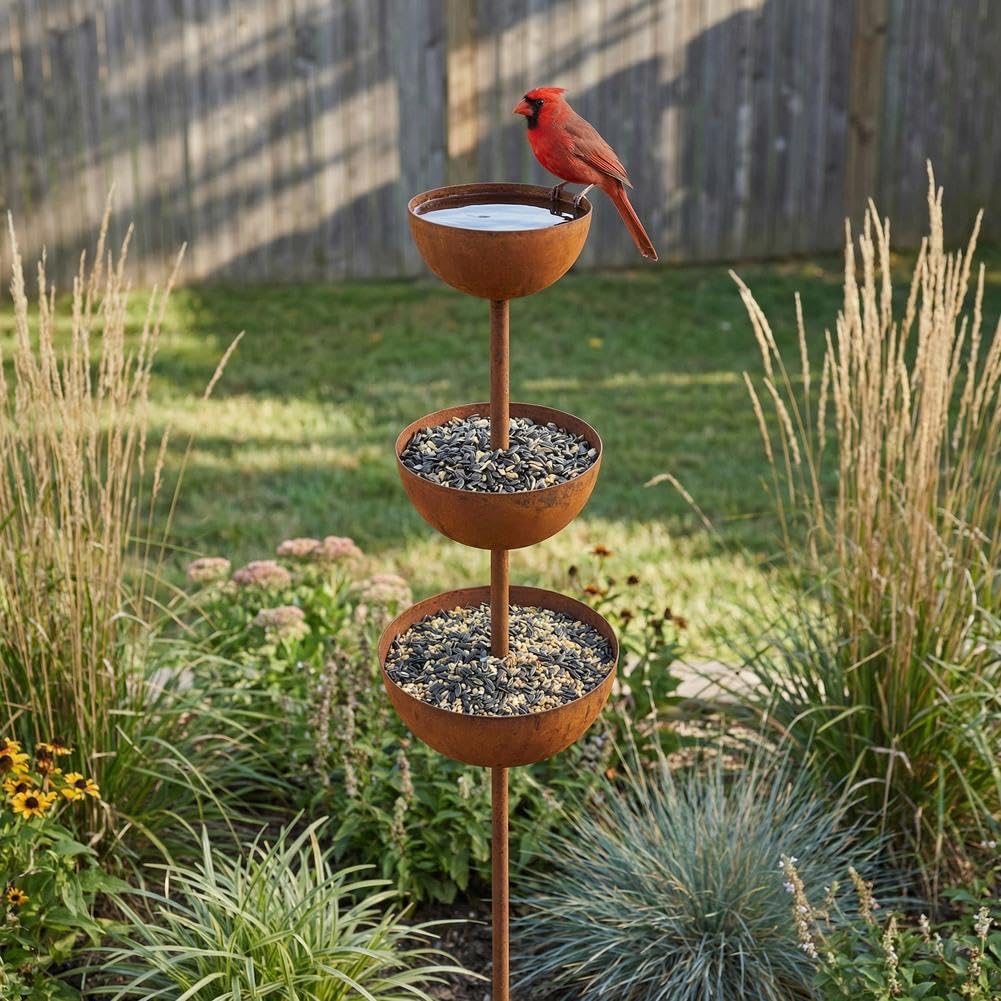 Metal Rain Catchers for Garden, 3-Tier Rain Catcher Garden Stake, Vintage Outdoor Standing Bird Feeder Rainwater Collection Bird Landscape Bowls Bee Watering Station Stake Decor for Patio