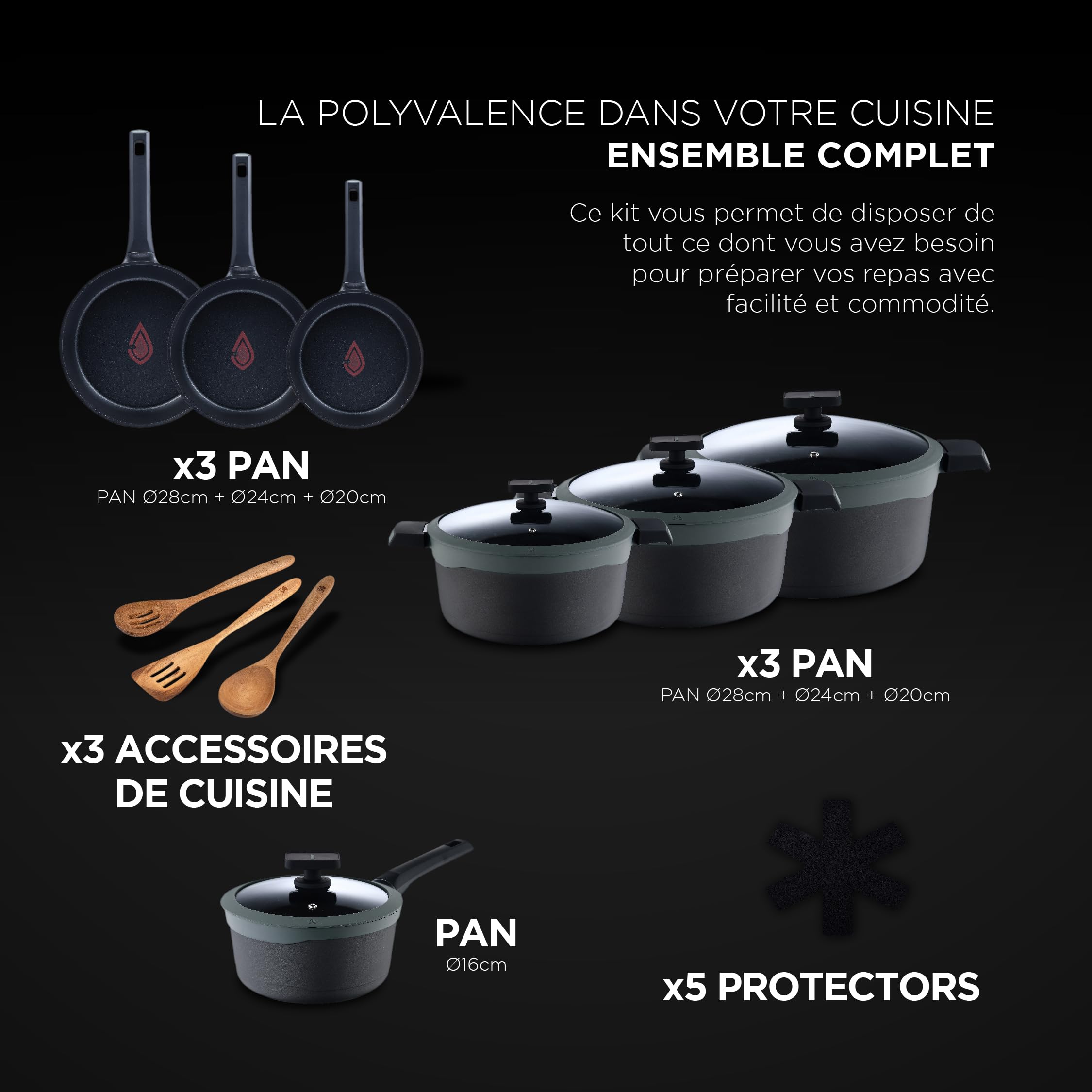 MasterPRO Gastro Reeco - Batterie de cuisine en fonte d'aluminium - 3 poêles 28, 24 et 20cm - 1 louche 16cm - 3 poêles 28, 24 et 20cm - 3 ustensiles de cuisine et 1 protège-poêle