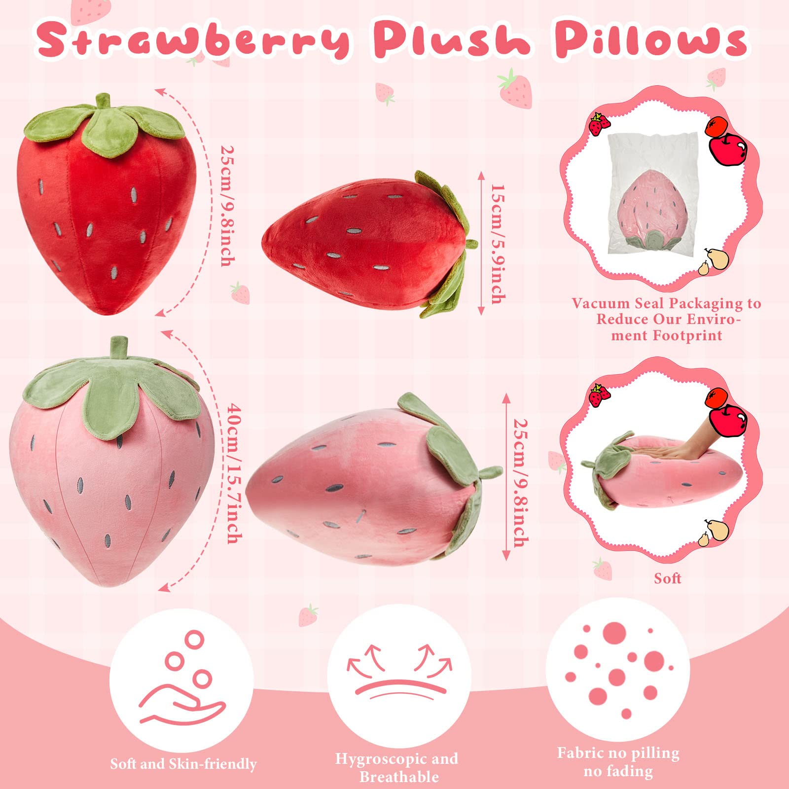Coussin Fraise En Peluche – Taille 40x28x11 Cm – Décoration Chambre, Canapé – Doux Et Mignon