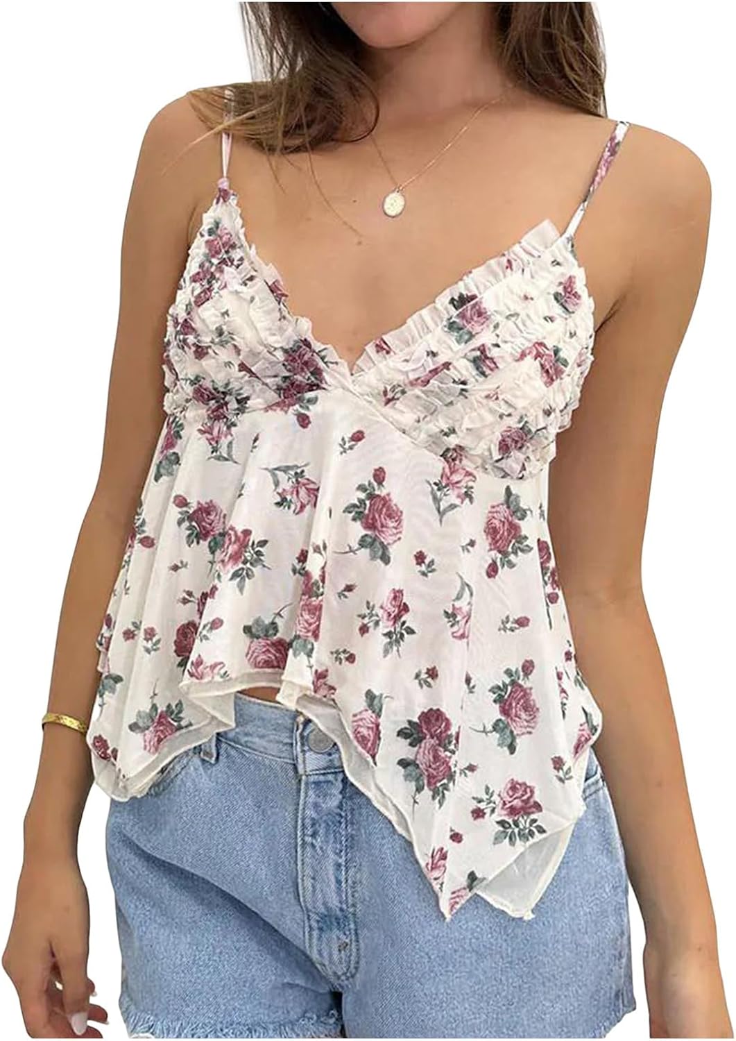 Women Ruffled Cami Tops Y2k V Neck Spaghetti Strap Ruffle Babydoll Cami Tops Summer Ruched Sleeveless Camisole