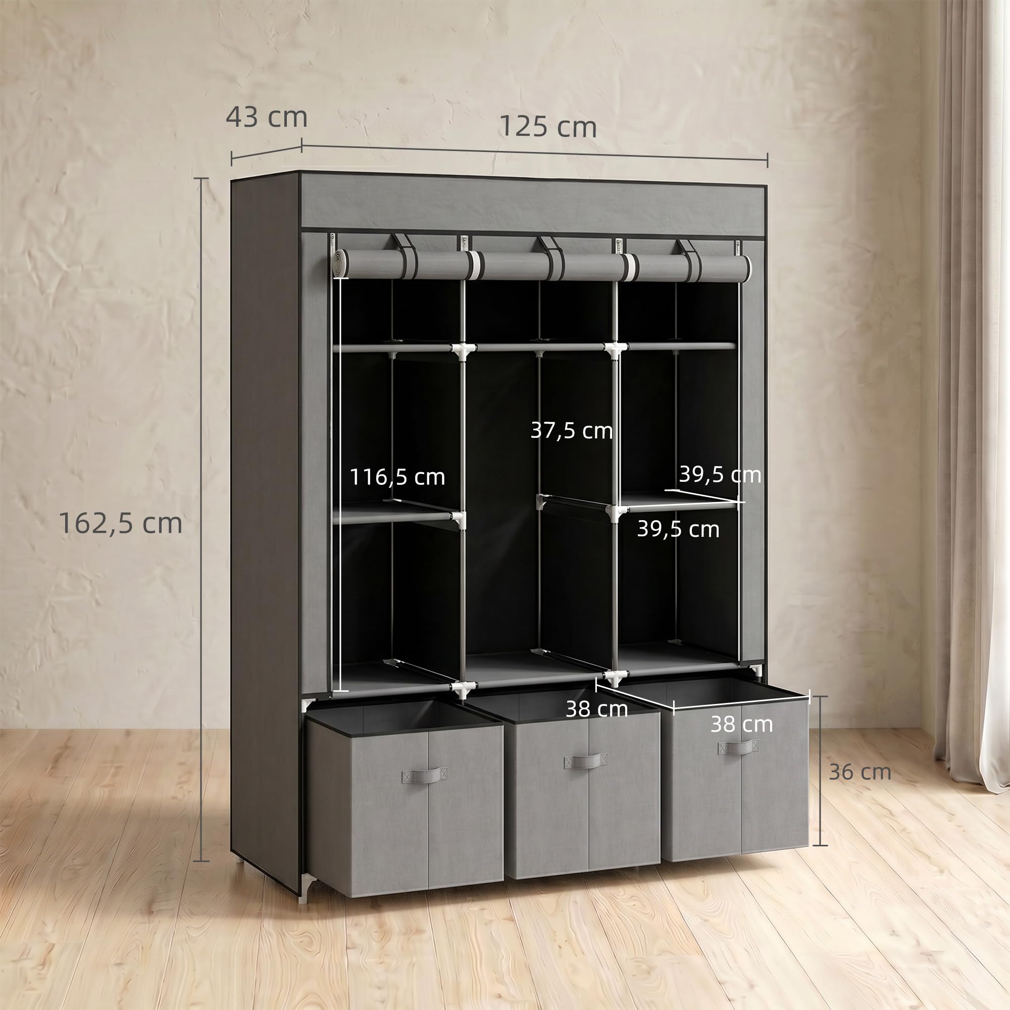 HOMCOM Kleiderschrank Stoffschrank mit Kleiderstange, Schubladen, Reißverschluss Faltschrank für Schlafzimmer, Ankleidezimmer, 125 x 43 x 162,5 cm, Dunkelgrau