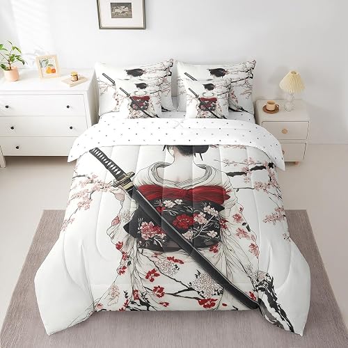 jejeloiu Boys Girls Japan Style Bed in a Bag 7 Pieces Queen Size, Japanese Geish