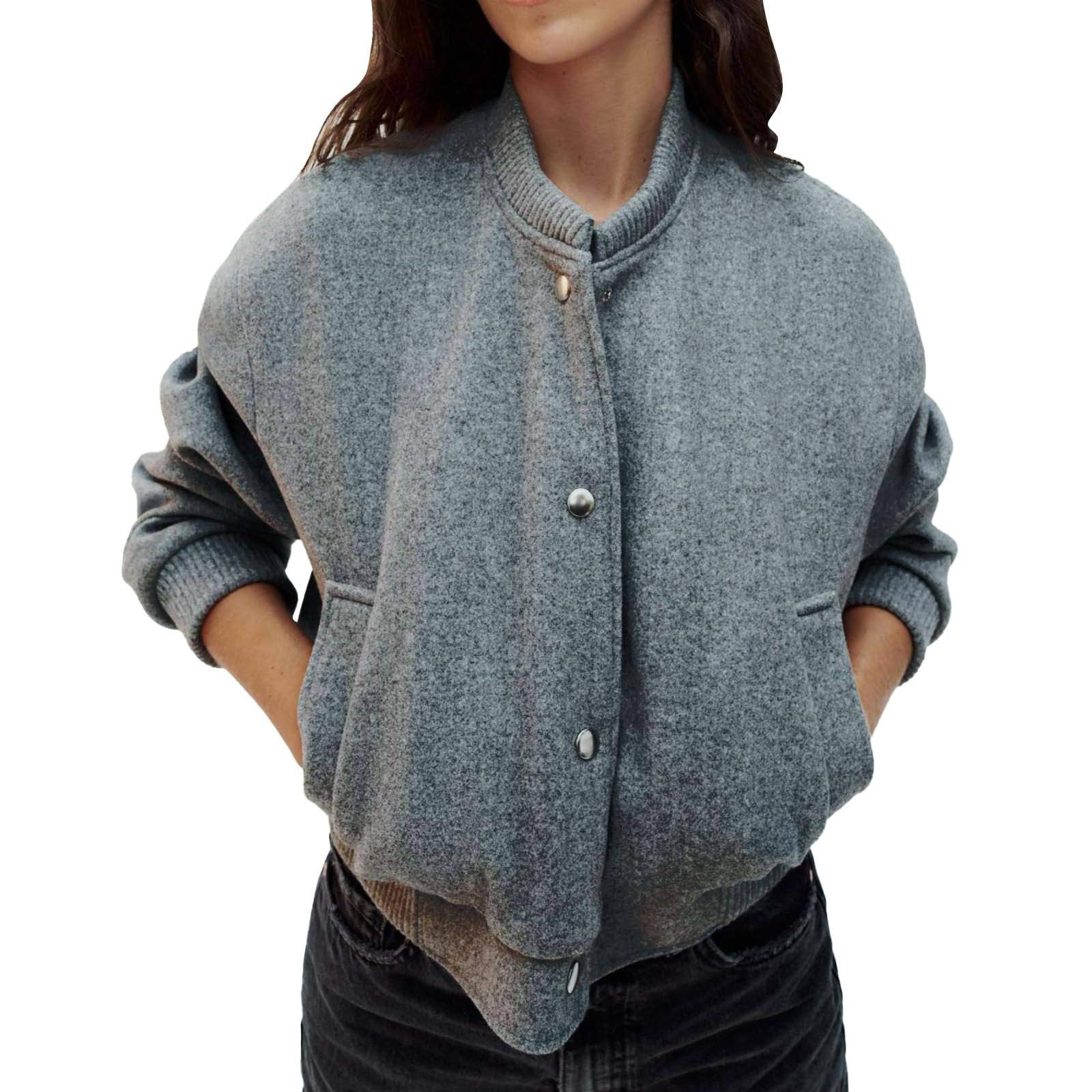 OUTTA BOX Women’s Wool Look Bomber Jacket, Button Up Baseball Coat with Stand Collar, Oversized Casual Outerwear for Autumn Winter Christmas (UK, Alpha, M, Regular, Regular, Dark grey)