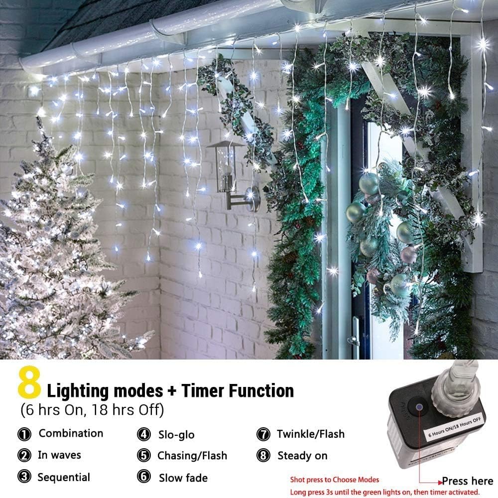 LYHOPE Icicle Christmas Lights, 432 LED 35.4ft 8 Modes Icicle String Lights with 72 Drops, Window Curtain Fairy Lights for Xmas, Eaves, Wedding, Garden, Outdoor, Indoor Decor (Clear White)