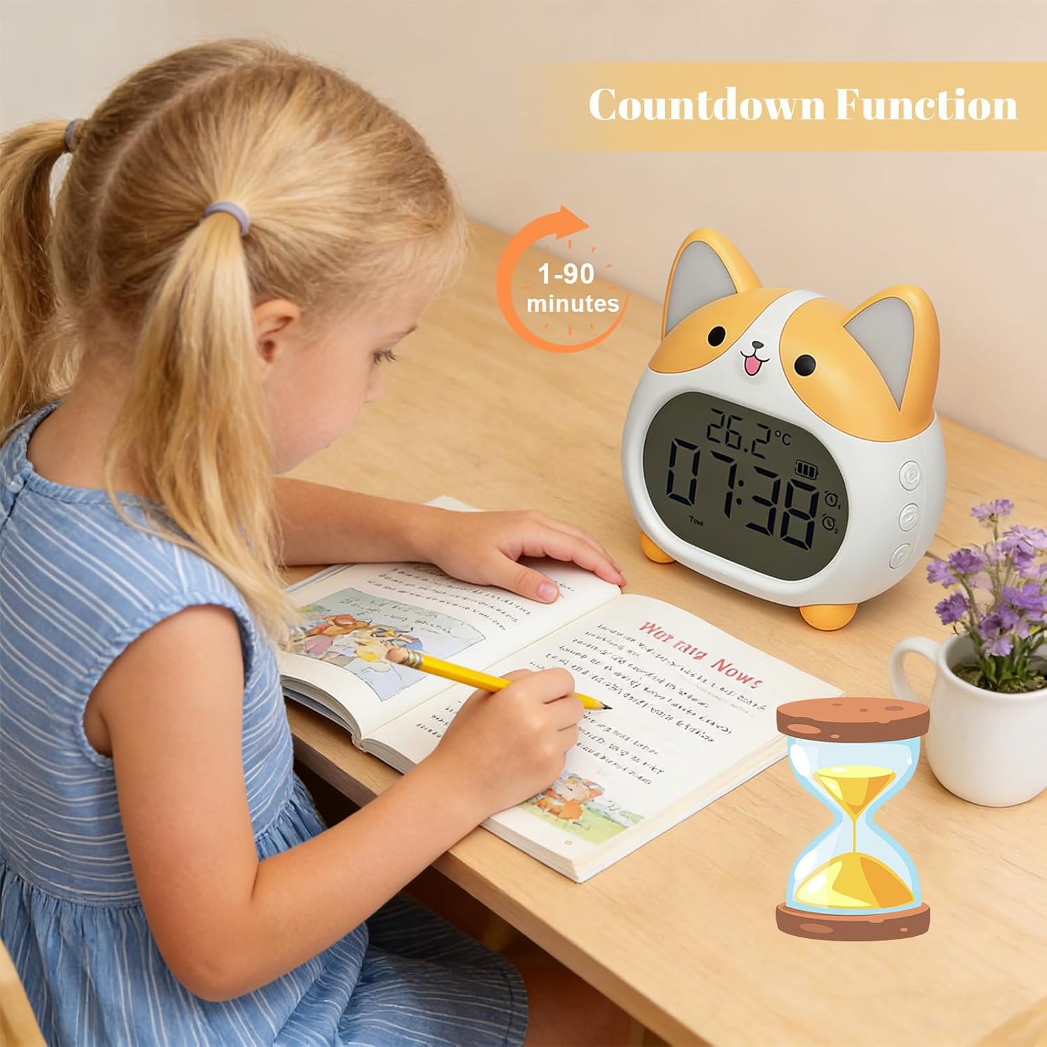 Dog Alarm Clock, Loud Bell Alarm Clock with Night Light, Rechargeable Teen Digital Clock with 6 Alarm, Timer and Temperature Display, Cute Animal Bedside Clock for Bedroom Study Office (Yellow)