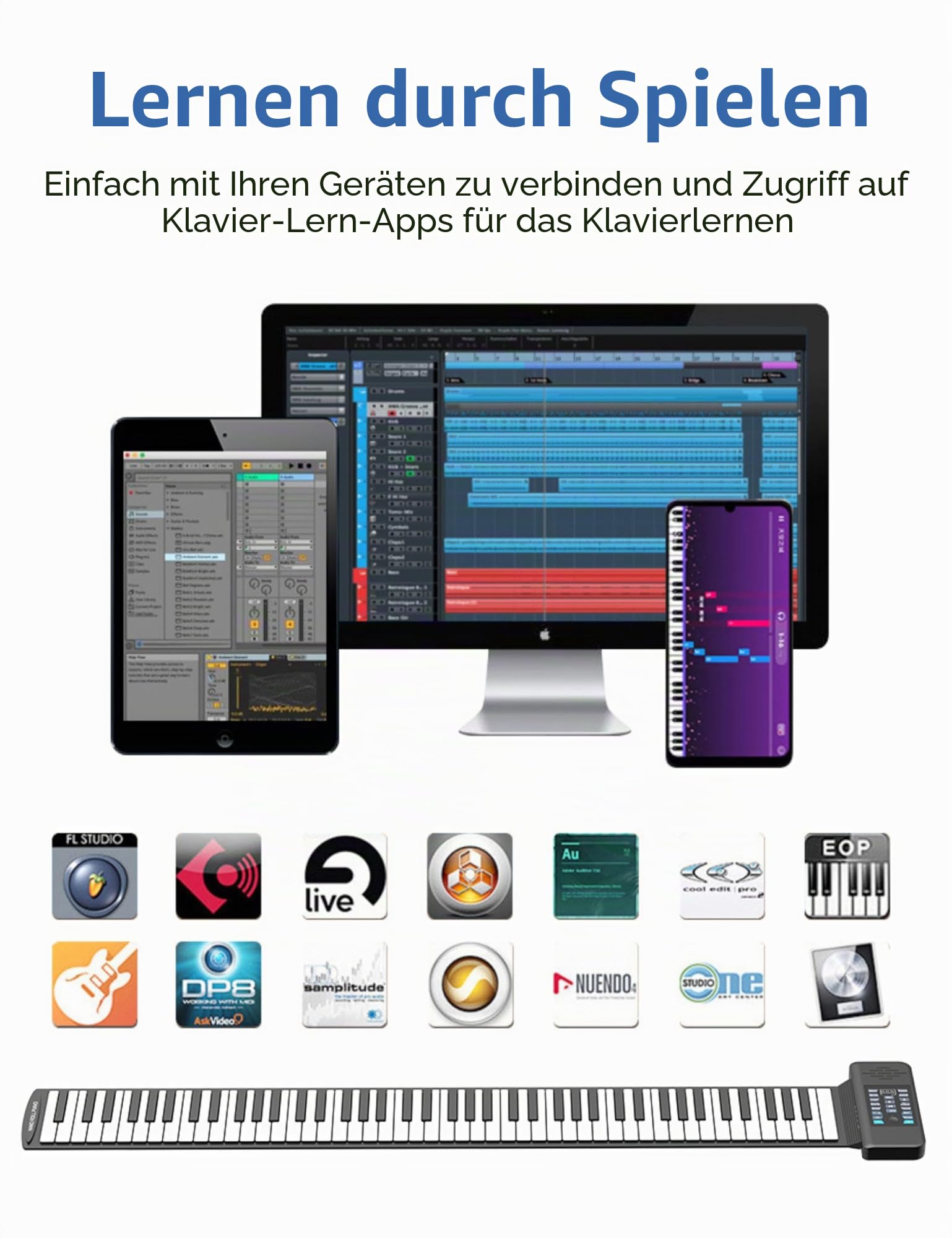 Bewinner E Piano mit Keyboards - Bluetooth MIDI 88 Tasten Roll Up Klavier mit 128 Tönen & Eingebautem Lautsprecher, Wiederaufladbare Tragbares Piano für Kinder und Erwachsene
