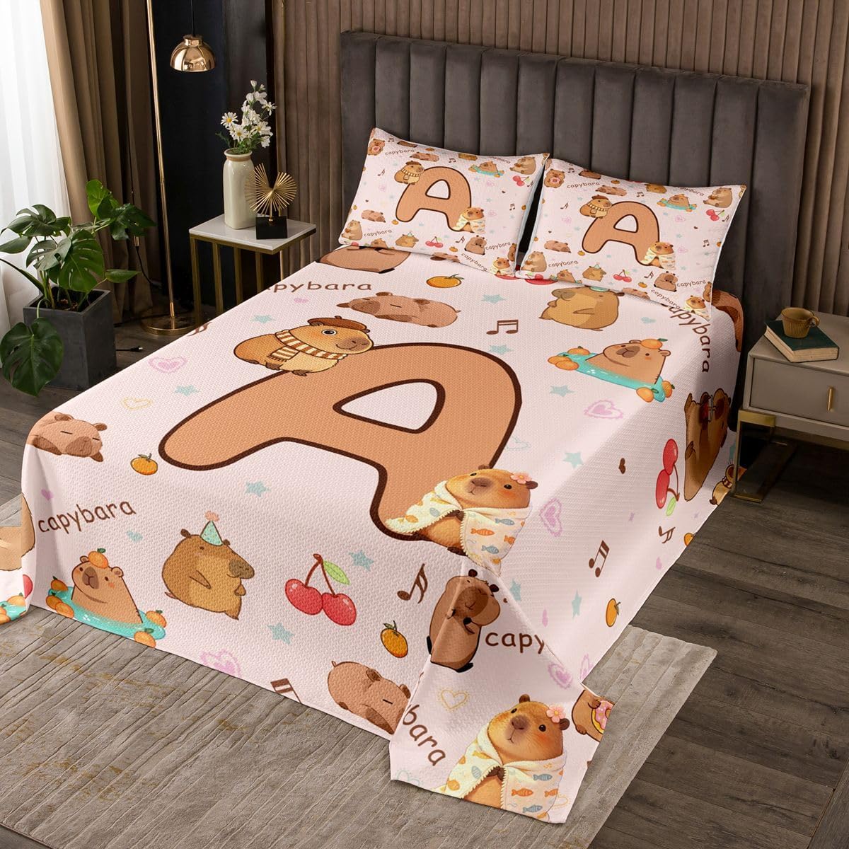 jejeloiu Cartoon Capybara Bedspread Twin Size Initial Letter V Coverlet Set Cute Animals Quilted Coverlet for All Season with 1 Pillowcase Capybara Lovers Microfiber Lightweight