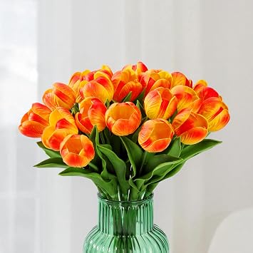 HOMESEASONS 20 Stems LED Lighted Artificial Flowers Tulip Lamp Real Touch Tulips Faux Flower Lights for Valentine's Day and Easter Home Kitchen Wedding Dining Table Decor(Orange)