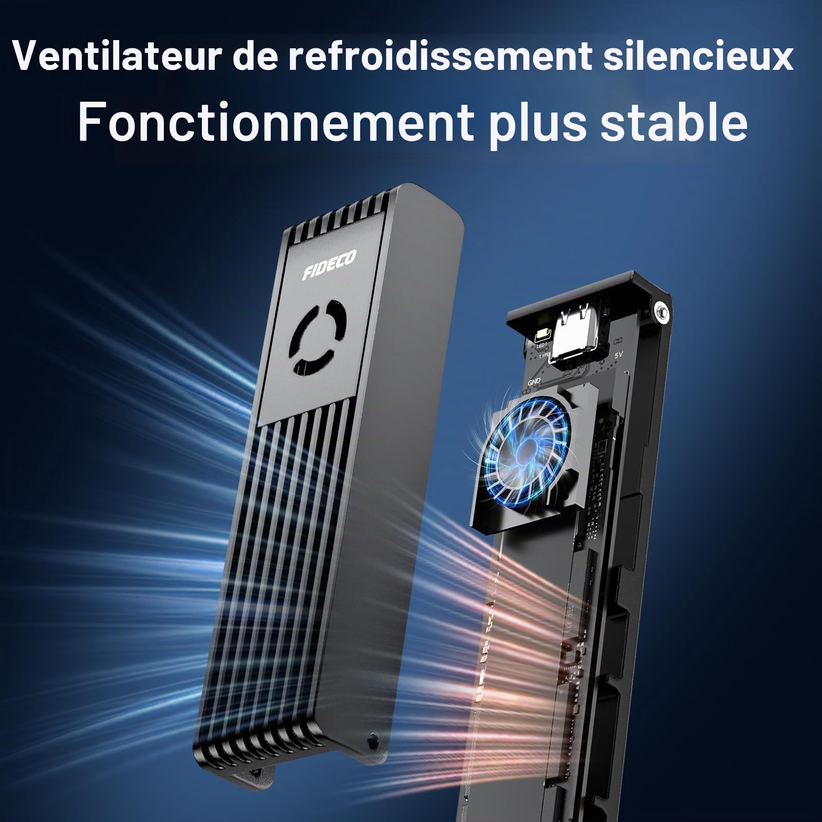 FIDECO Boîtier SSD M.2 NVMe SATA, Adaptateur M.2 NVMe vers USB avec Ventilateur de Refroidissement, Lecteur SSD USB 3.2 Gen 2 (10Gbps) pour PCIe M-Key/M+B Key, Supporte UASP et Trim, Aluminium