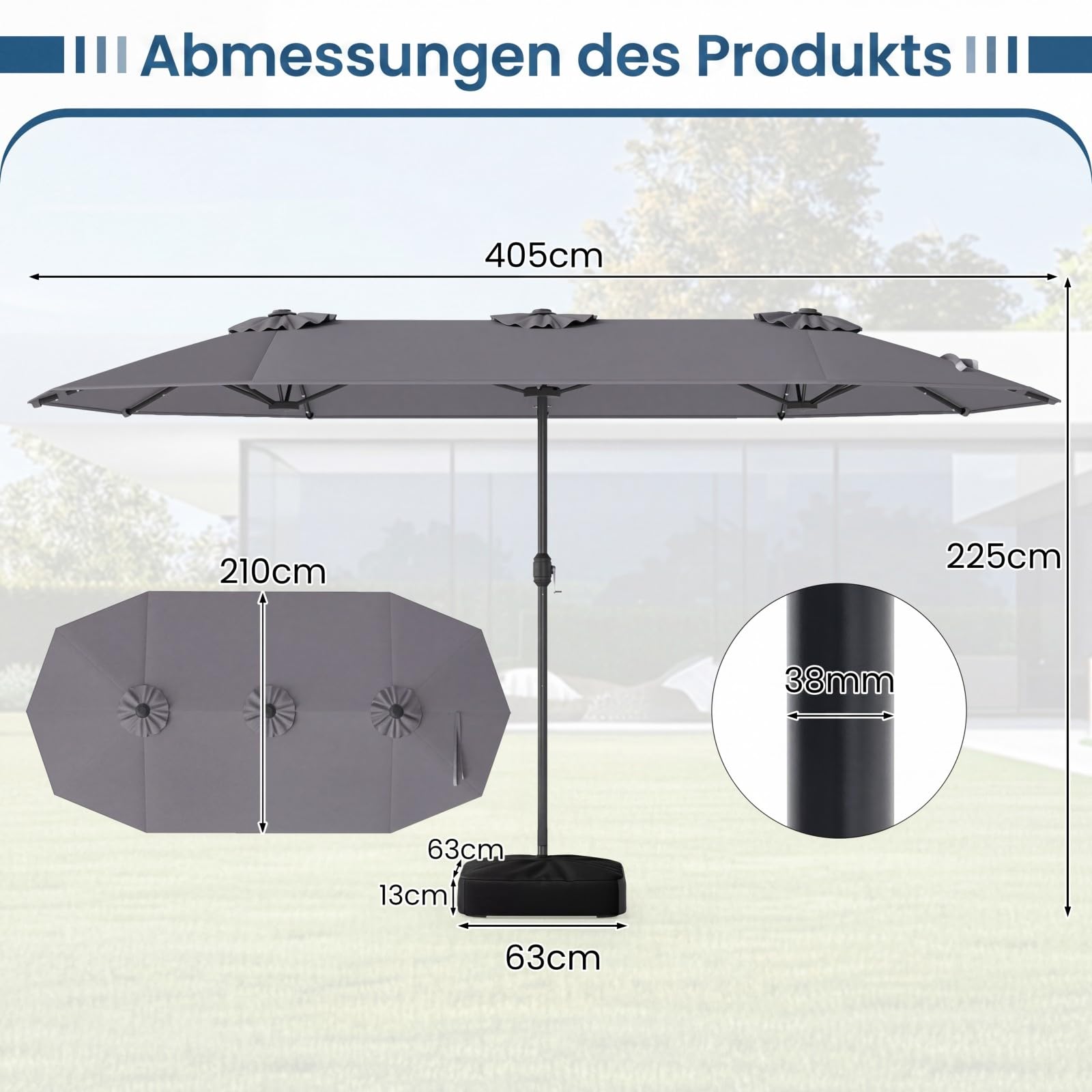 COSTWAY Doppelsonnenschirm mit Ständer und LED-Leuchten, 400 x 200 cm, Sonnenschirm Groß XXL, UPF 50+, Gartenschirm mit Kurbel, Terrassenschirm, Marktschirm für Garten, Terrasse & Pool (Anthrazit)