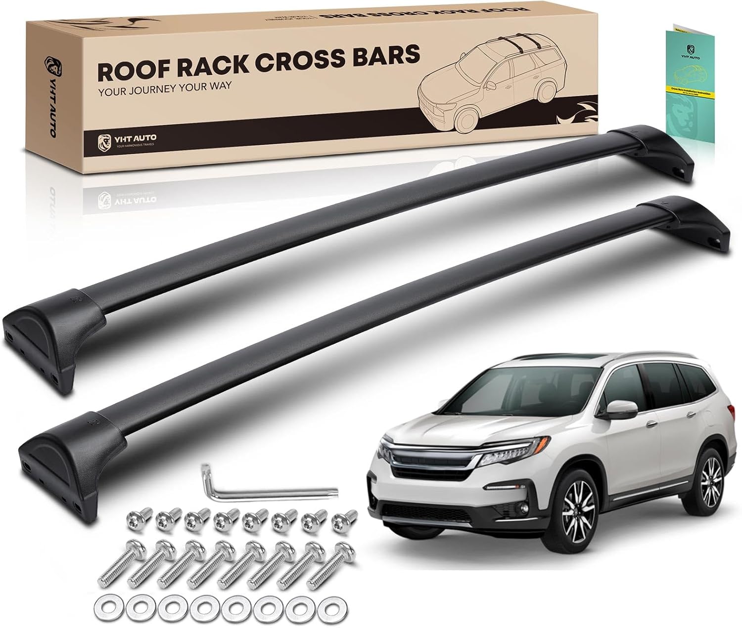 YHTAUTO 165lbs Roof Rack Cross Bars w/Hardware Fit for Honda Pilot 2016-2022 (with Side ROOF Rails), T6063 Aluminum CrossBars Anti-Rust for Skiboard Kayak Snowboard Bike Rooftop Cargo Luggage