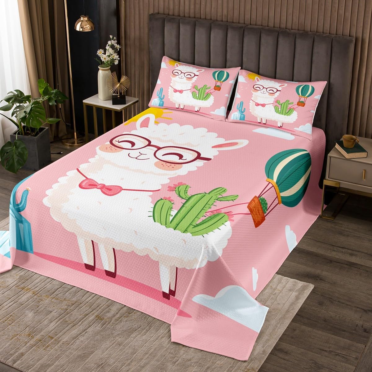 jejeloiu Cute Llama Bedspread Quilts Alpaca Coverlet Set Queen Size for Kids Boys Girls Cartoon Animal Quilted Coverlet for All Season with 2 Pillowcases Lovely Cactus Print Microfiber