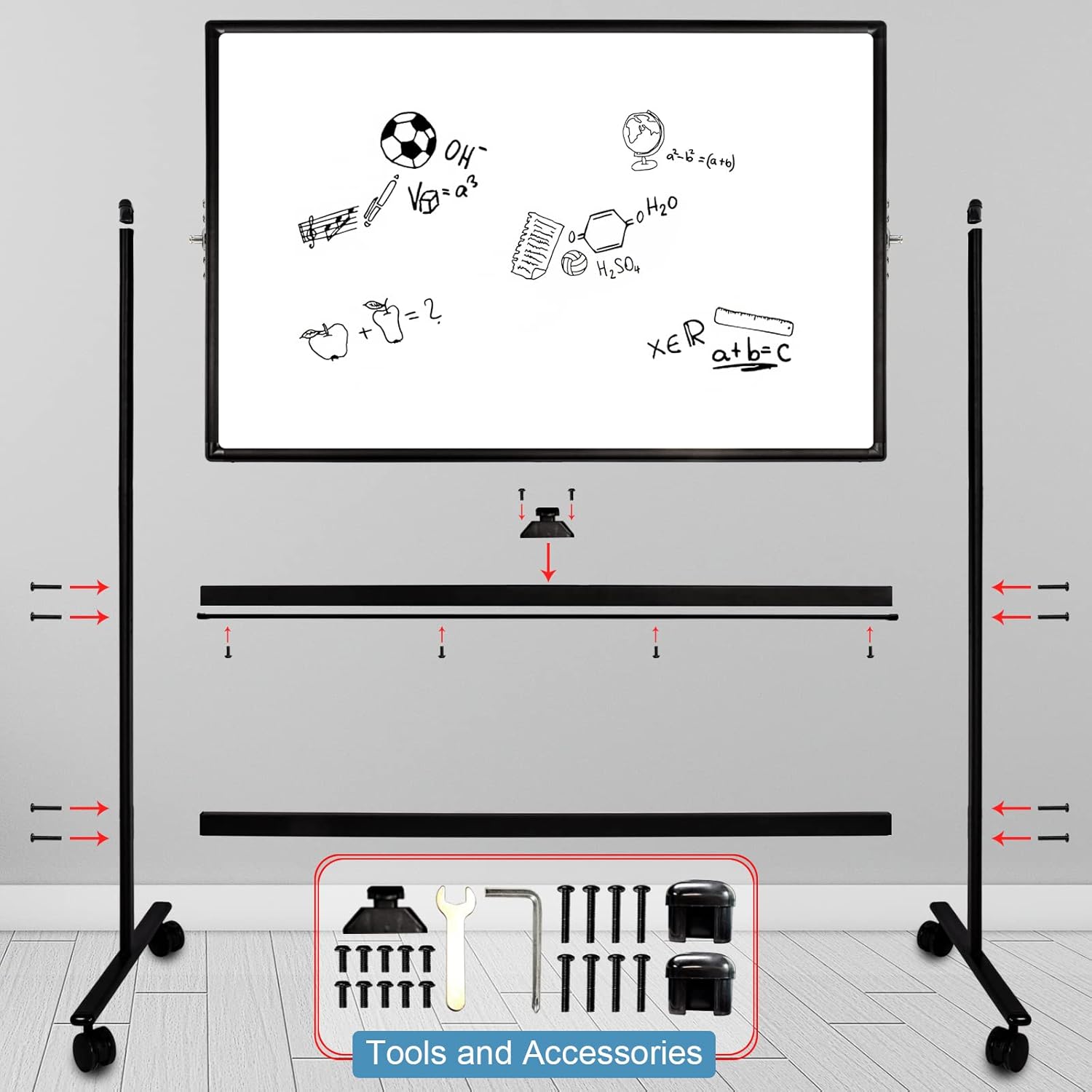 32x48 Inches Industrial-Grade Mobile Dry Erase Whiteboard with Lockable Rolling Stand - Double-Sided Magnetic Whiteboard, Height & Angle Adjustable for Office, Classroom & Workshop Black