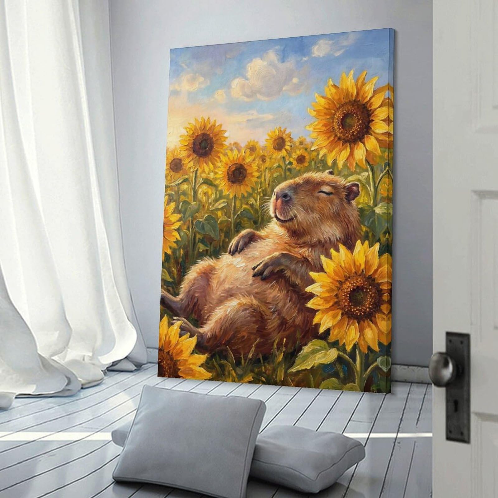 Junmoney Capybara Sunflower Wall Decor Canvas Print, 24x36inch(60x90cm), for Wall Displays, Bedrooms Or Room Updates, Wall Decor Suited to Curated Displays