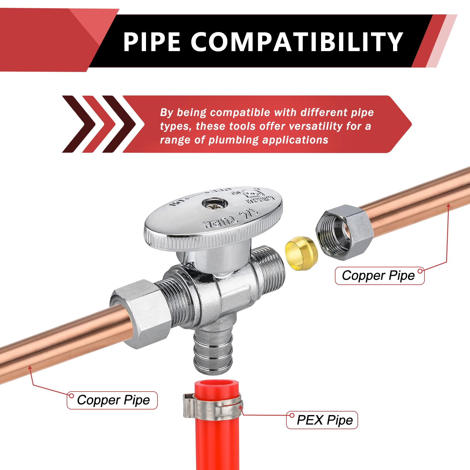 EFIELD Valvola di arresto angolare a crimpare Pex a doppia punta da 1/4 giro, 1/2" Pex X (3/8" xX3/8") ottone cromato