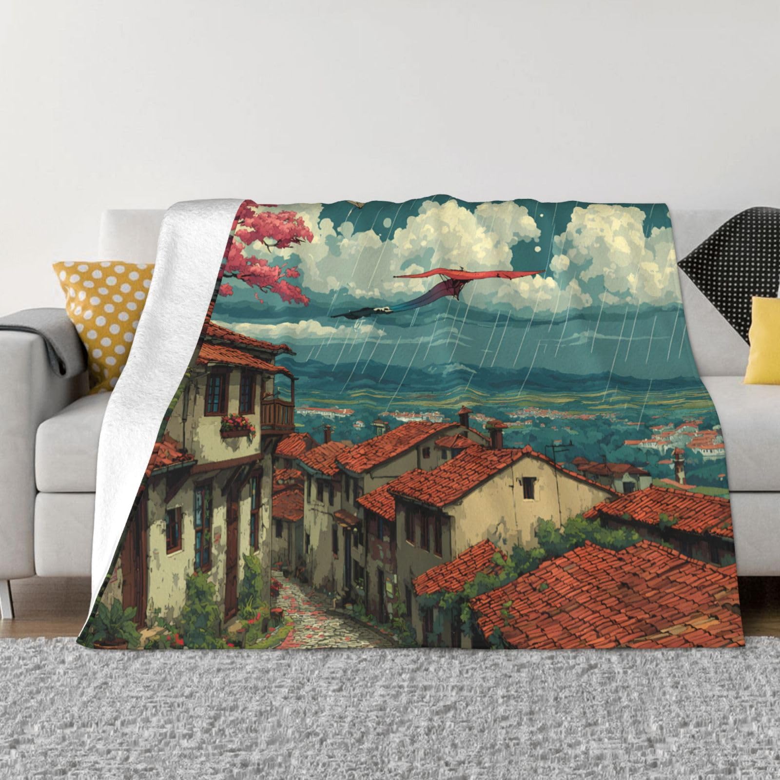 Manta de viaje portátil de 80 x 60 pulgadas, suave, resistente a las arrugas, plegable, exquisita impresión de cometas sobre las colinas