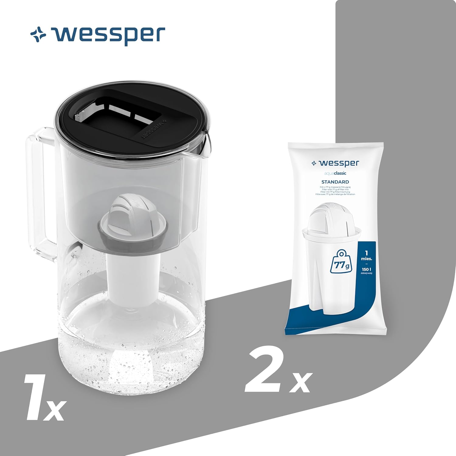 Wessper Water Filter Jug Glass 3 L Crystaline, Set Water Jug and 2 Filters Aqua Classic, Water Carafe for Drinking Water Compatible with Brita Classic, Dafi - Black