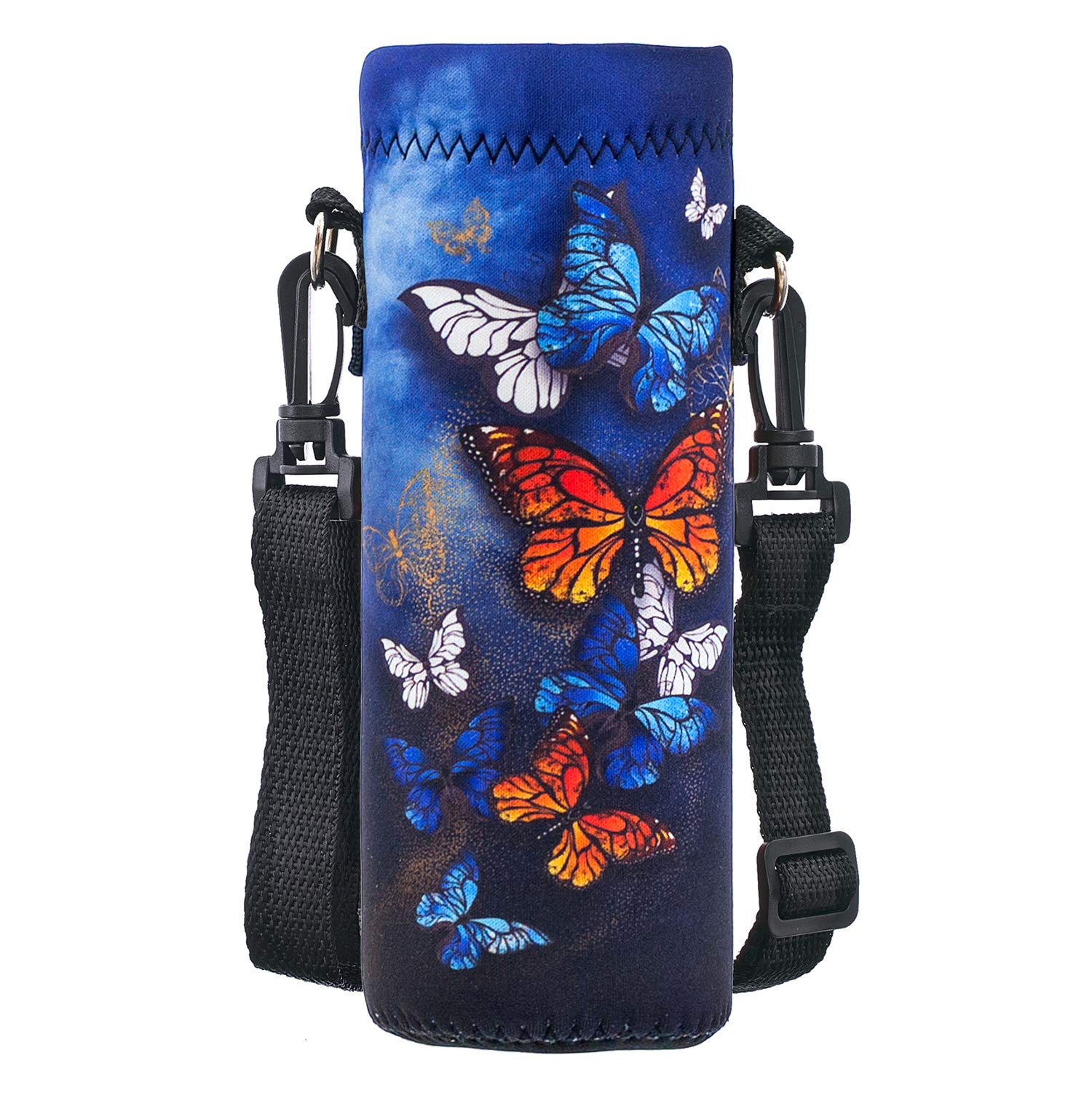 Hnycsir 500ML Neoprene Water Bottle Bag Carrier, Portable Insulated Sling Holder Case Pouch with Adjustable Shoulder Strap for Men Women Travel,Hiking,Walking,Outdoor Activities (Butterflies)