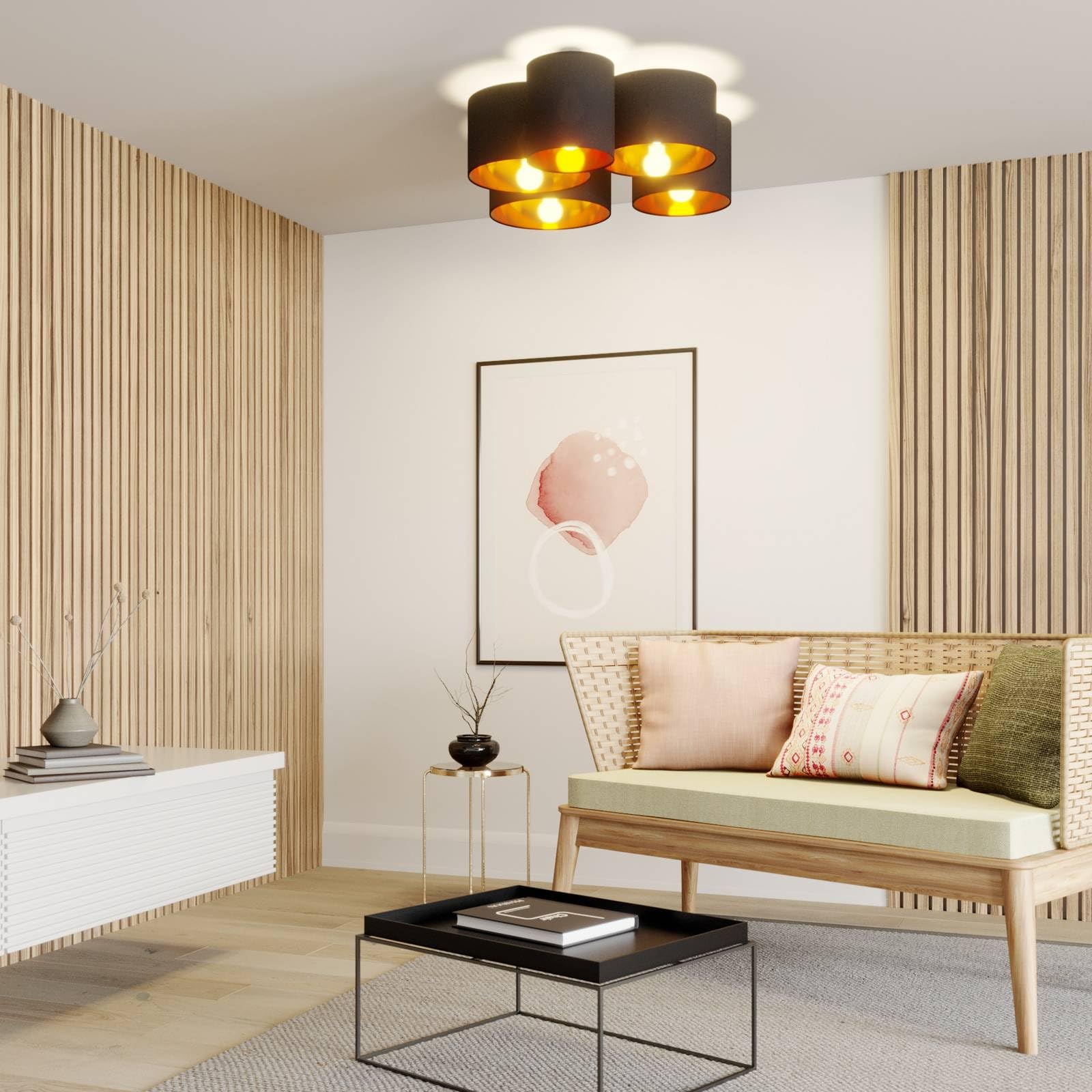 Lindby Stoff Deckenlampe schwarz-gold, 5 Schirme Ø 20 25 28 30 32 cm 5x E27 max. 60W ohne Leuchtmittel Textil Deckenleuchte Wohnzimmerlampe
