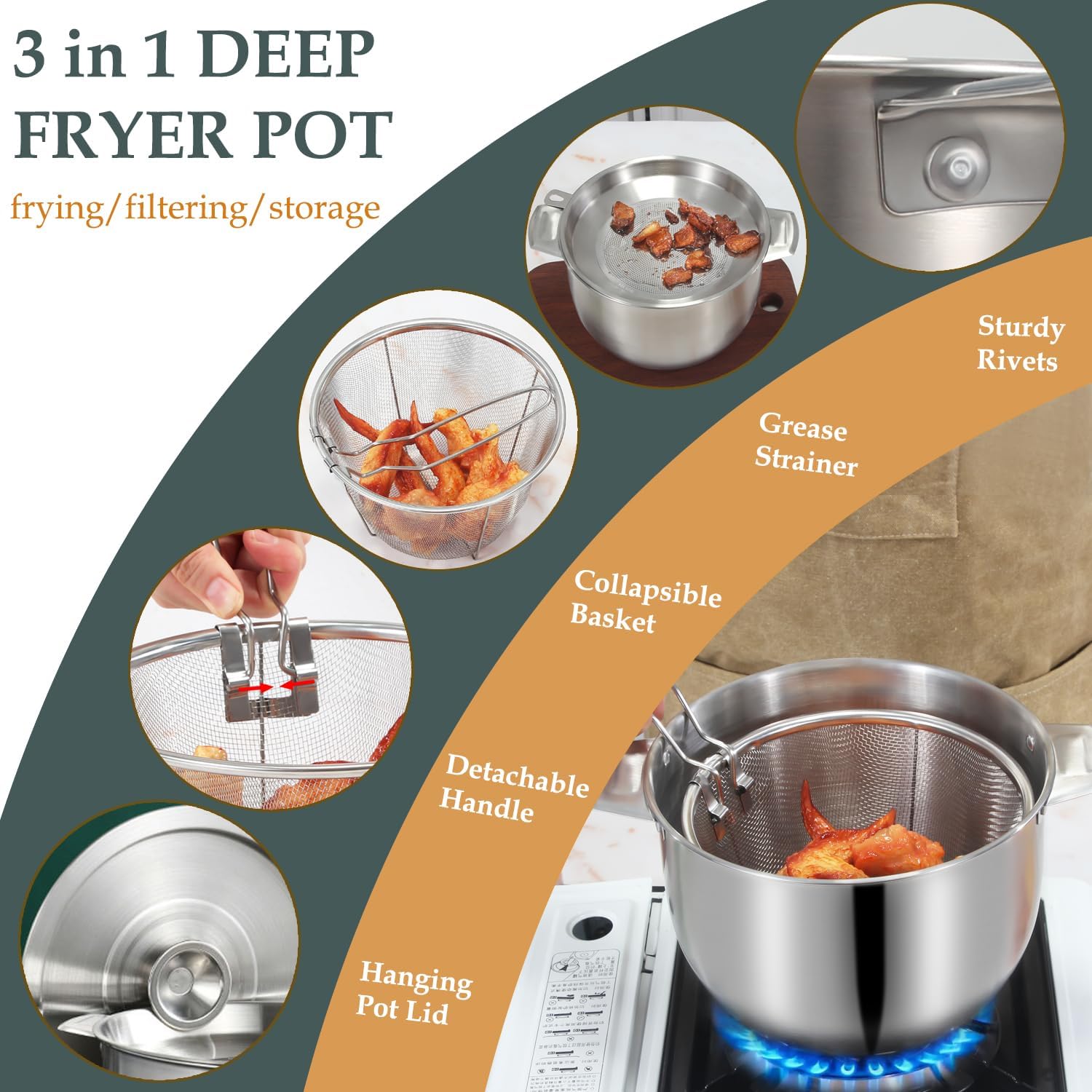 Deep Fryer Pot with Basket Lid and Strainer Stainless Steel Stove Top Fryer Versatile Oil Filter Pot with Handle Jumbo Bacon Grease Saver Container oil drippings lard ghee oil 1 Gall / 4Qt / 3.8 Lt