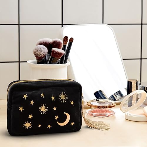Miniatura 6 de Práctica bolsa de maquillaje cosmética, bolsa de cosméticos bordada de terciopelo azul marino, bolsa de maquillaje estrellada con borlas y