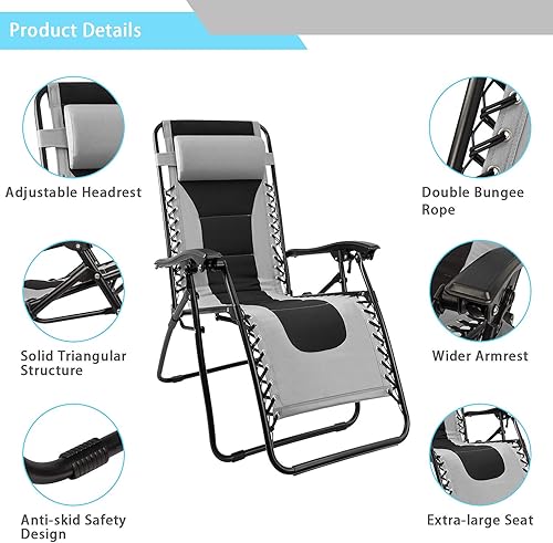 Miniatura 3 de Homall Silla de gravedad cero acolchada, reclinable al aire libre, soporte de gran tamaño, 400 libras, portátil, ajustable, silla de salón plegable