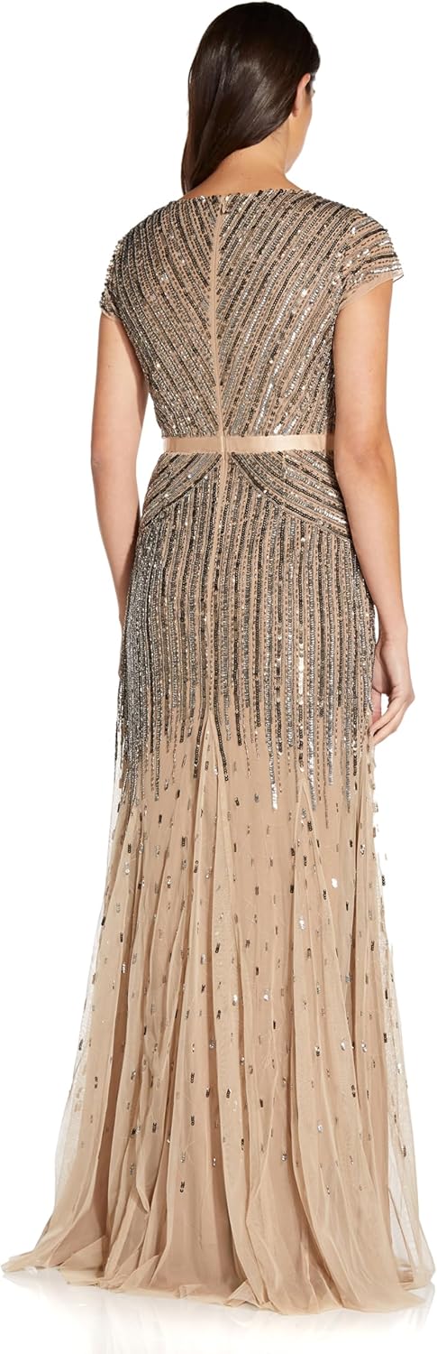 Adrianna Papell Womens Long Beaded V-Neck Dress with Cap Sleeves and Waistband - Image 3